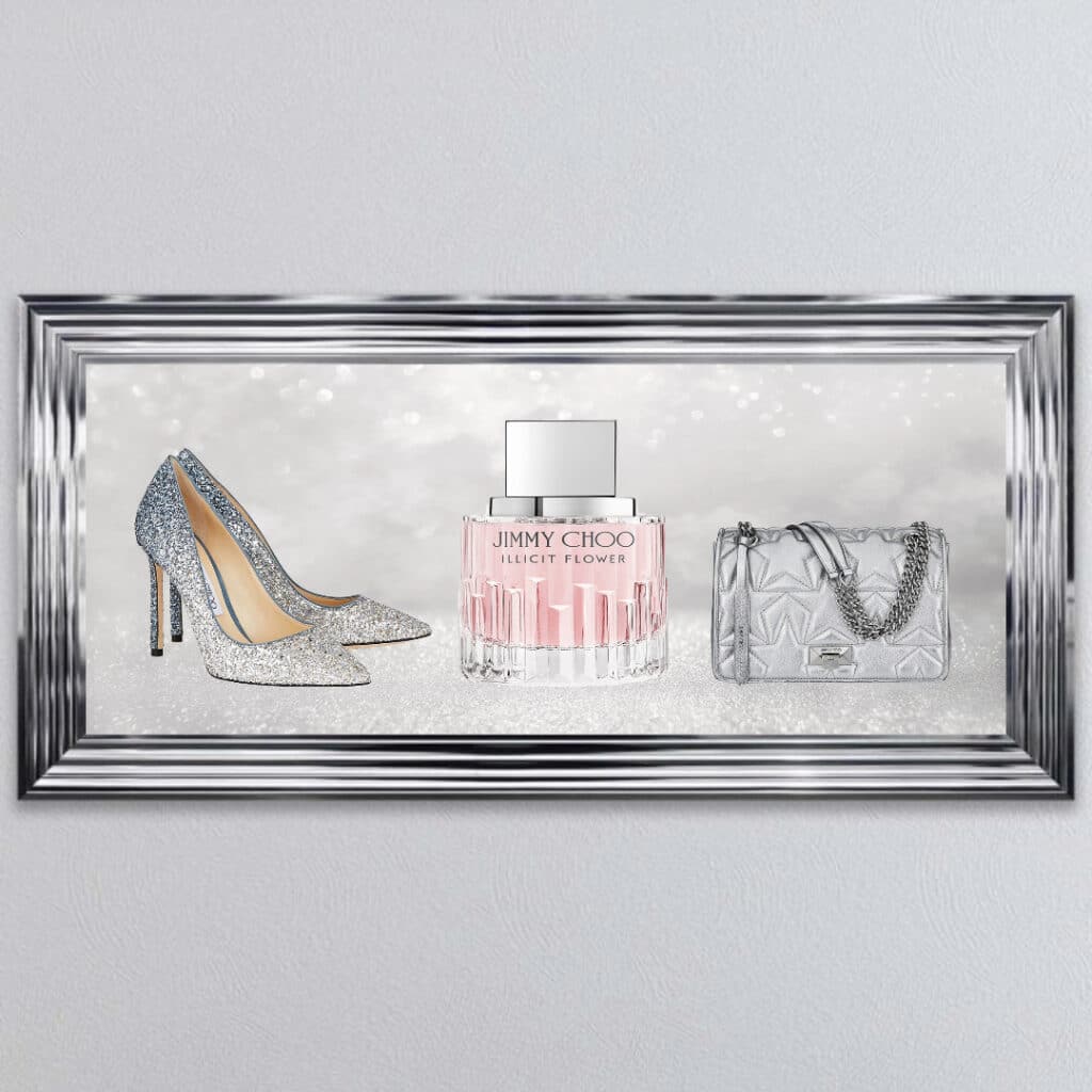 Jimmy Choo Perfume, Handbag and Shoe - Framed wall art