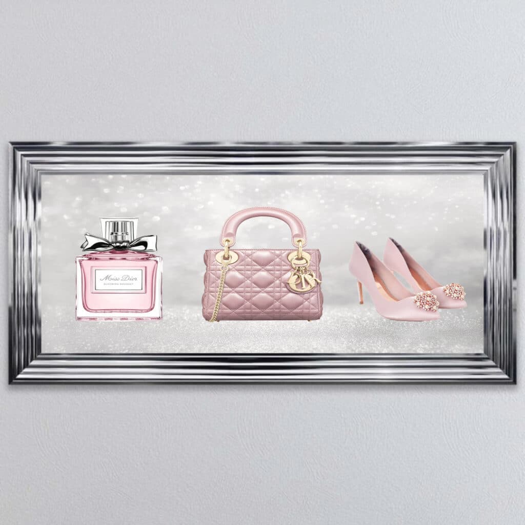 Miss Dior Perfume, Handbag and Shoe - Framed wall art