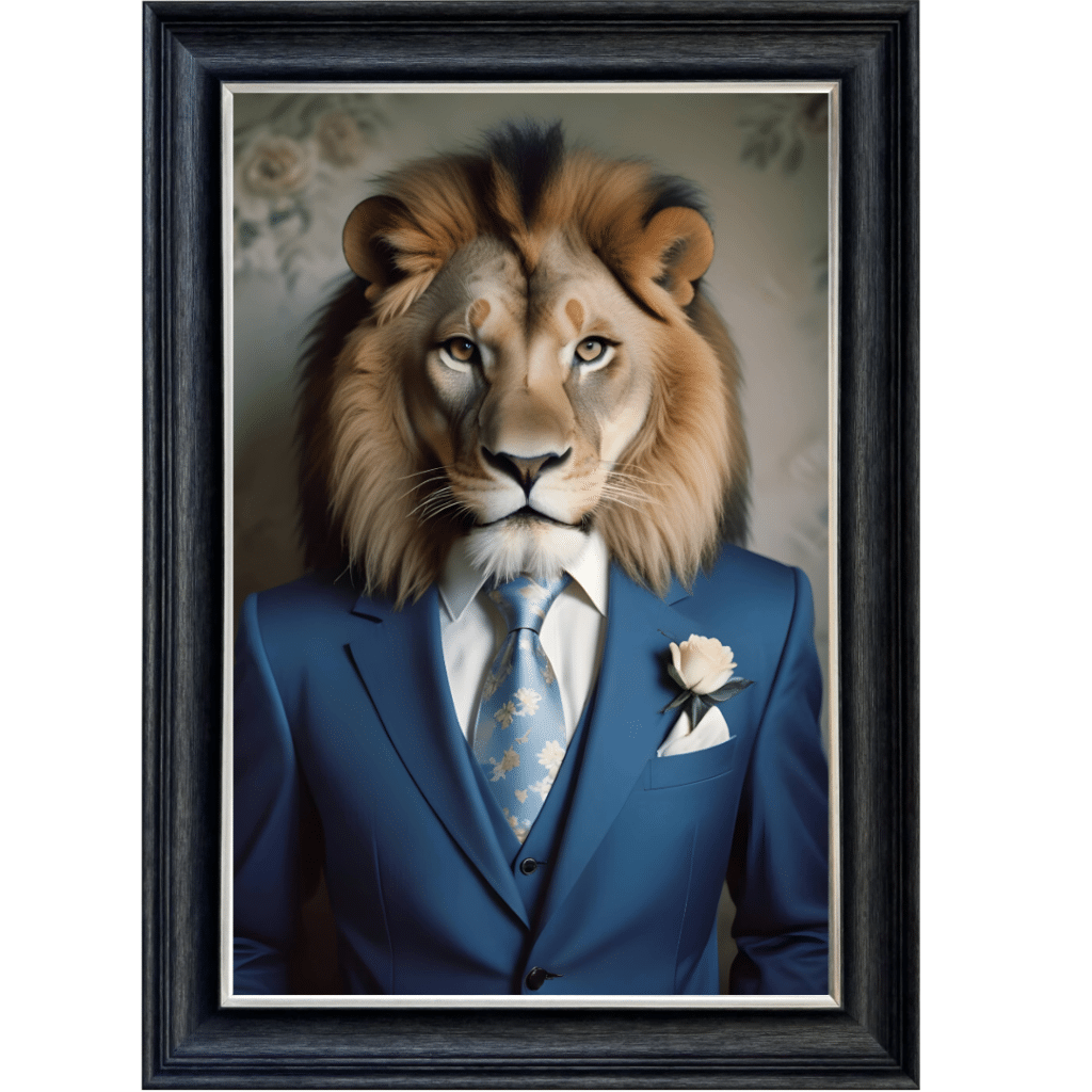 Lion in Suit with White Rose - Framed Animal Wall Art