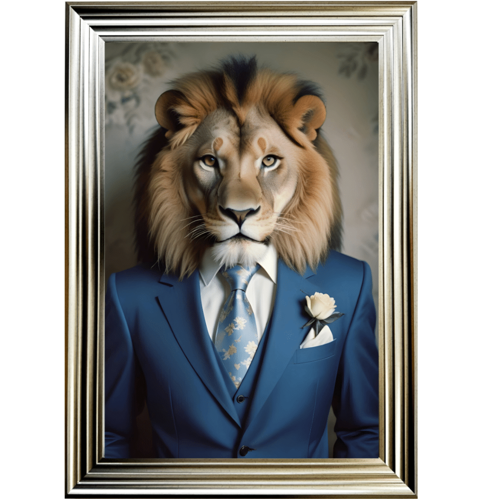 Lion in Suit with White Rose - Framed Animal Wall Art