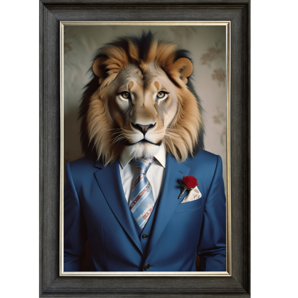 Lion in Suit with Red Rose - Framed Animal Wall Art