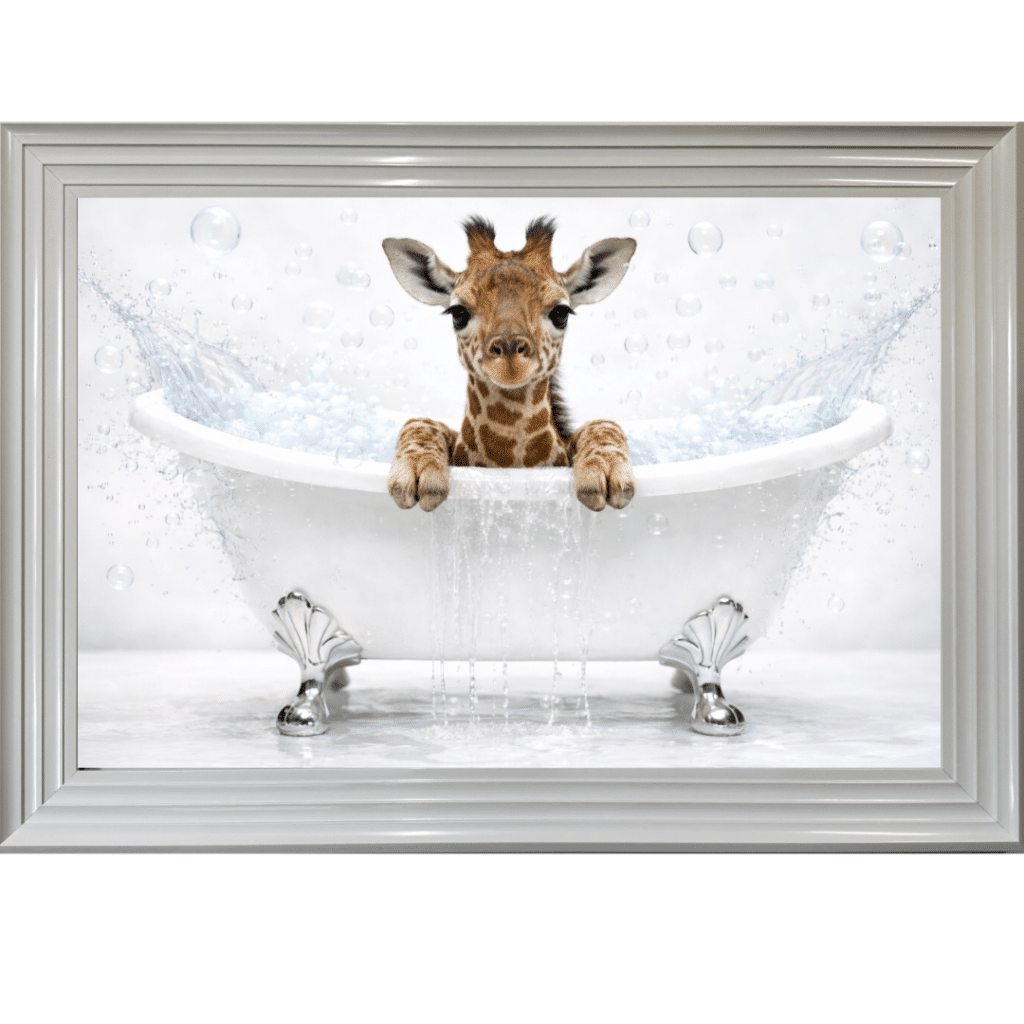 Baby Giraffe in the Bath - Framed Picture