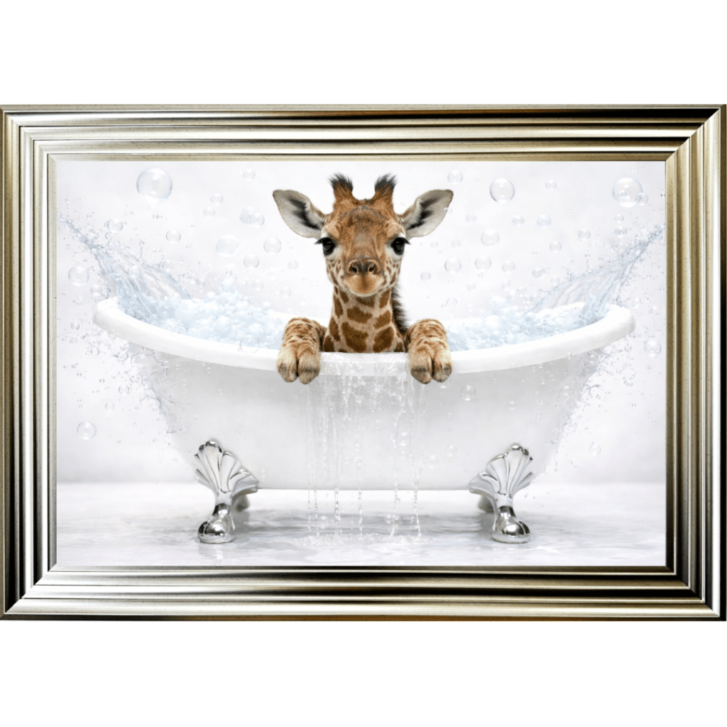 Baby Giraffe in the Bath - Framed Picture