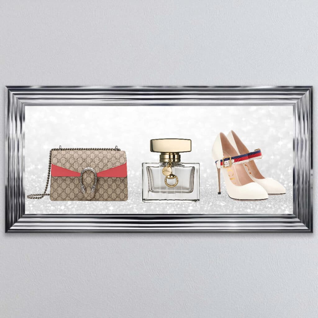 Gucci Perfume, Handbag and Shoe - Framed wall art