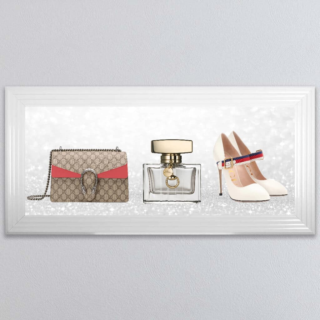Gucci Perfume, Handbag and Shoe - Framed wall art
