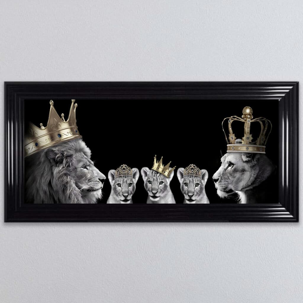 Lion Family with a Boy and 2 Girl Cubs - Framed Wall Art