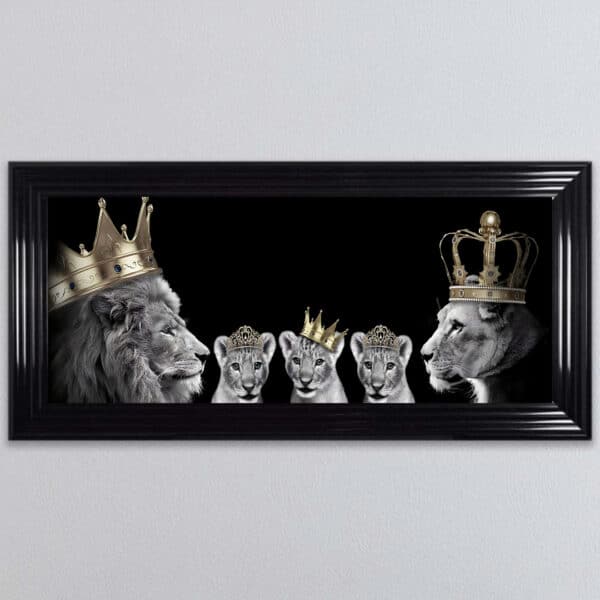 Lion Family with a Boy and 2 Girl Cubs - Framed Wall Art