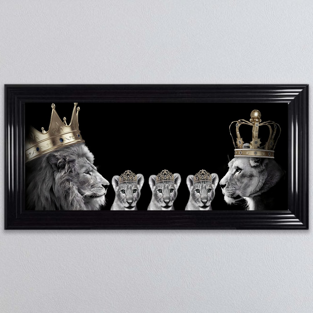 Untitled (92) Lion Family with 3 Girl Cubs - Framed Wall Art
