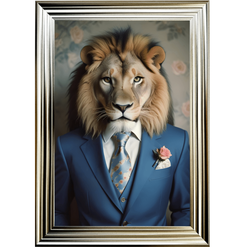 Lion in Suit with Pink Rose - Framed Animal Wall Art