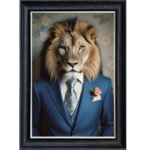 Lion in Suit with Pink Rose - Framed Animal Wall Art