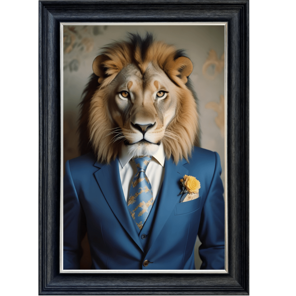 Lion in Suit with Yellow Rose - Framed Animal Wall Art
