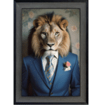 Lion in Suit with Pink Rose - Framed Animal Wall Art