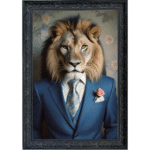 Lion in Suit with Pink Rose - Framed Animal Wall Art