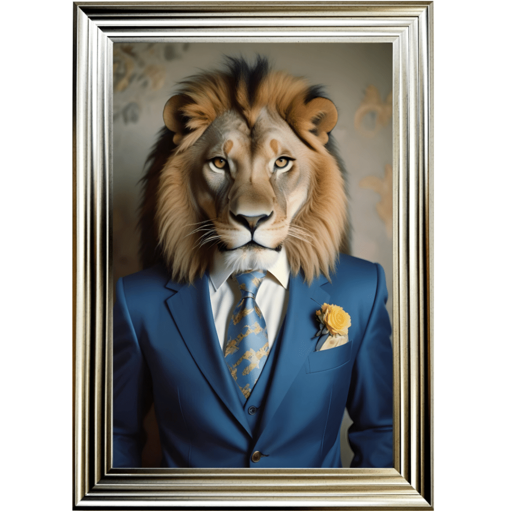 Lion in Suit with Yellow Rose - Framed Animal Wall Art