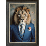 Lion in Suit with Pink Rose - Framed Animal Wall Art