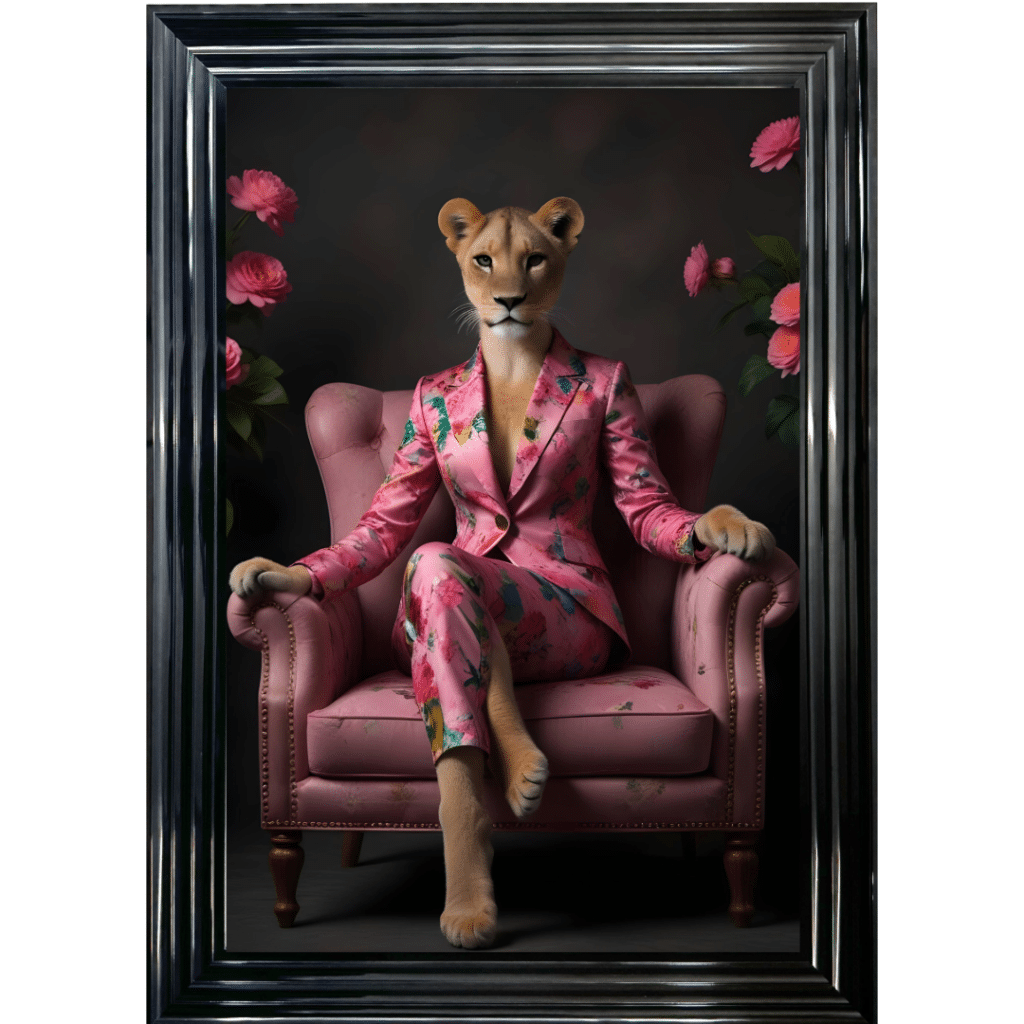 Female Lioness in floral suit - Framed Animal Wall Art