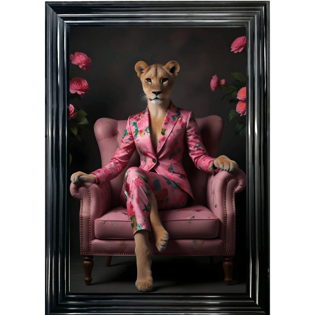 Untitled (16) Female Lioness in floral suit - Framed Animal Wall Art