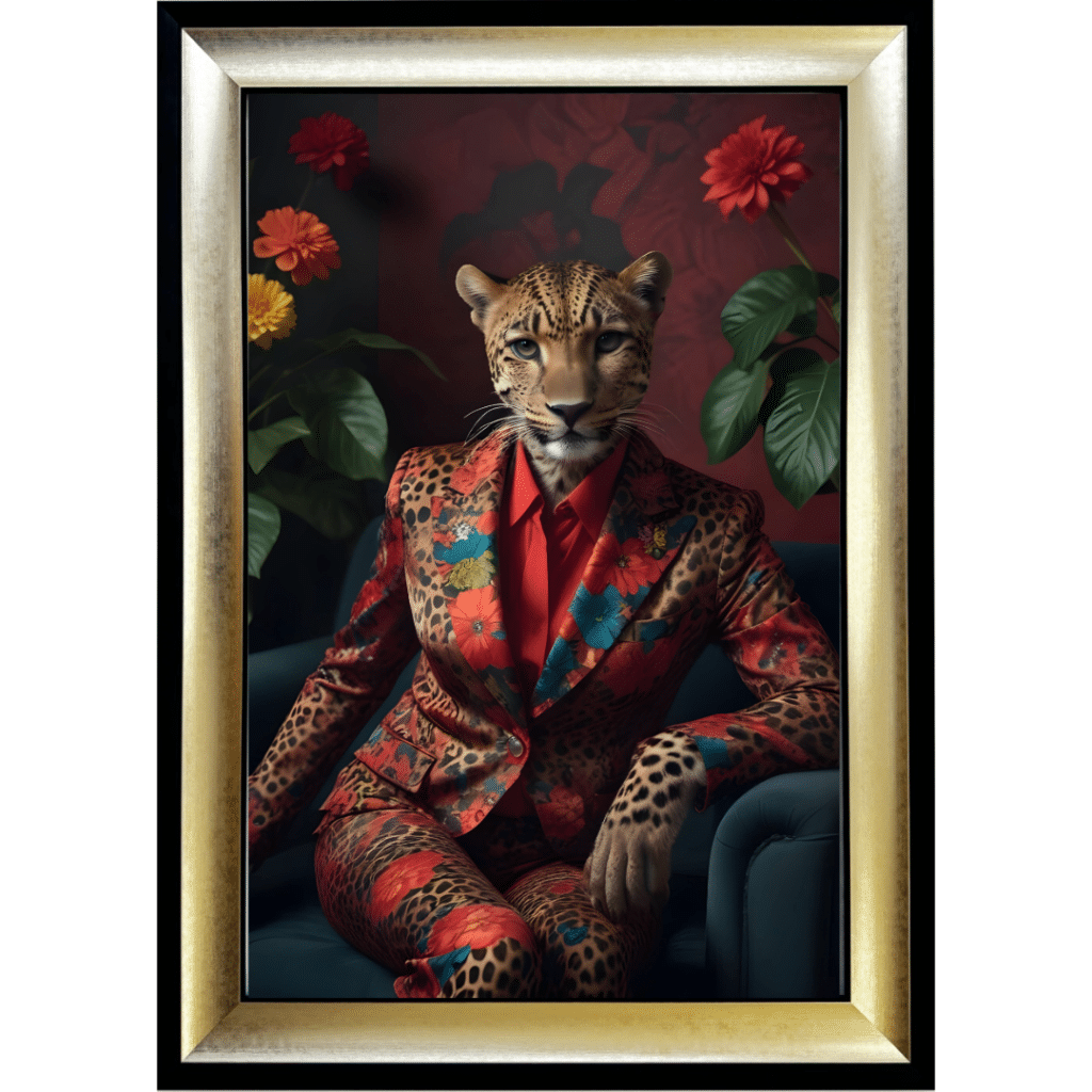 Female Leopard in floral suit - Framed Animal Wall Art