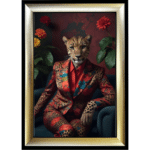 Female Leopard in floral suit - Framed Animal Wall Art