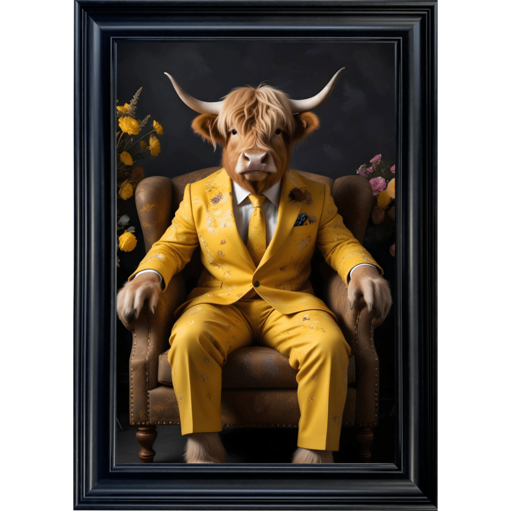 Highland Cow in floral suit - Framed Animal Wall Art