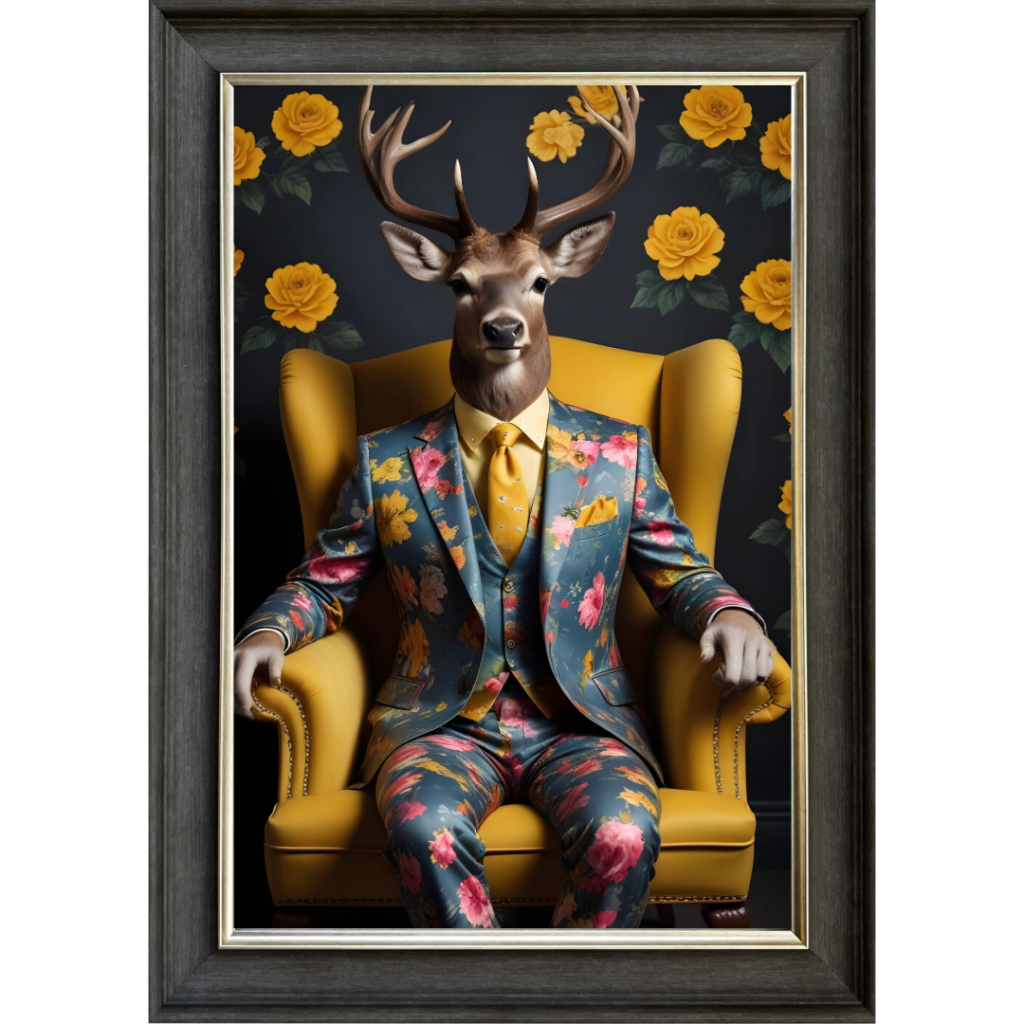 Stag in floral suit - Framed Animal Wall Art