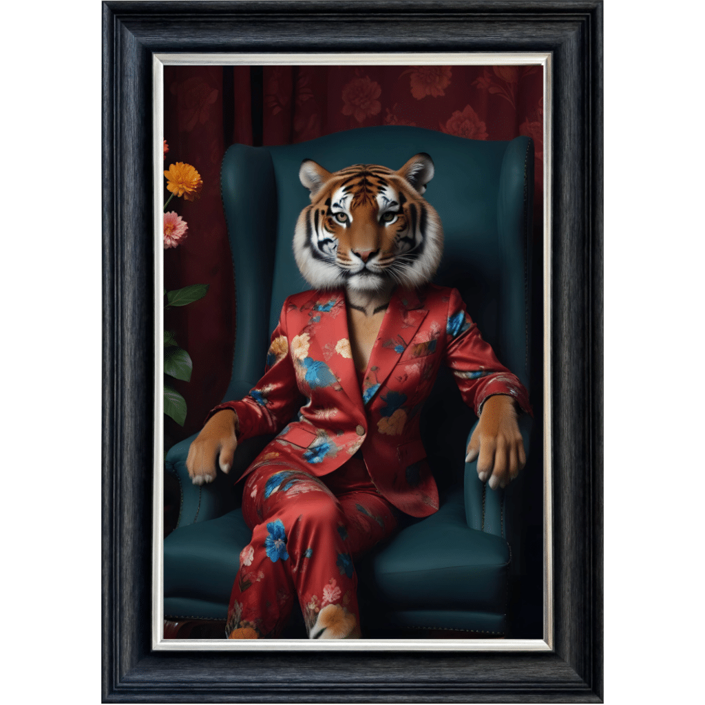 Female Tiger in floral suit - Framed Animal Wall Art