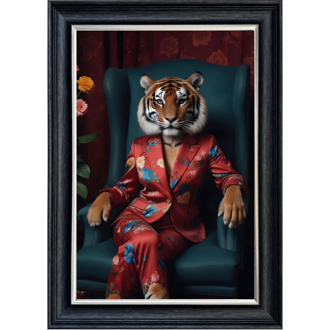 Untitled (84) Female Tiger in floral suit - Framed Animal Wall Art
