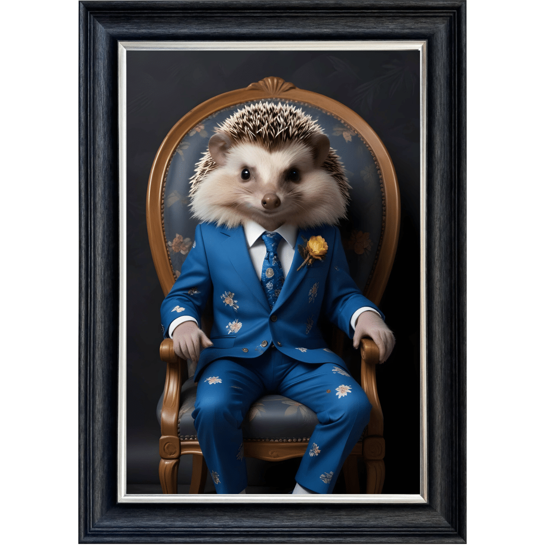 Untitled (90) Hedgehog in floral suit - Framed Animal Wall Art