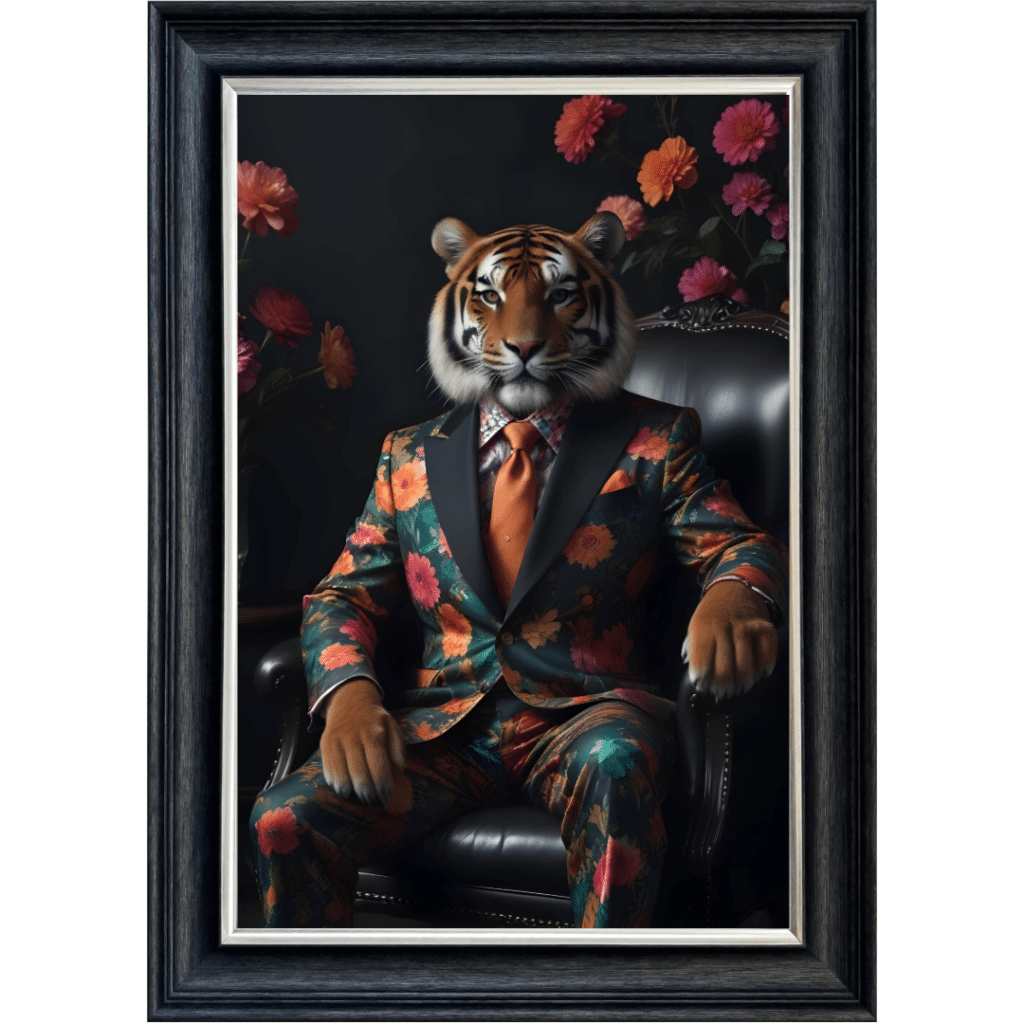 Tiger in floral suit - Framed Animal Wall Art