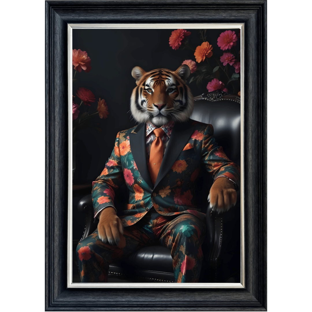 Untitled (95) Tiger in floral suit - Framed Animal Wall Art