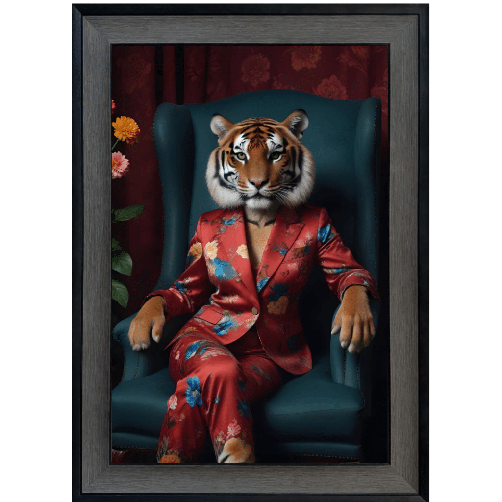 Female Tiger in floral suit - Framed Animal Wall Art