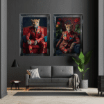 Female Leopard in floral suit - Framed Animal Wall Art