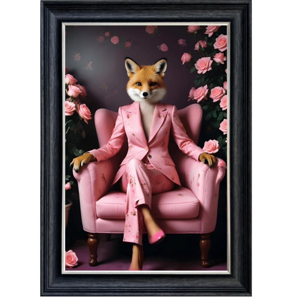 Female Foxy Lady in floral suit - Framed Animal Wall Art