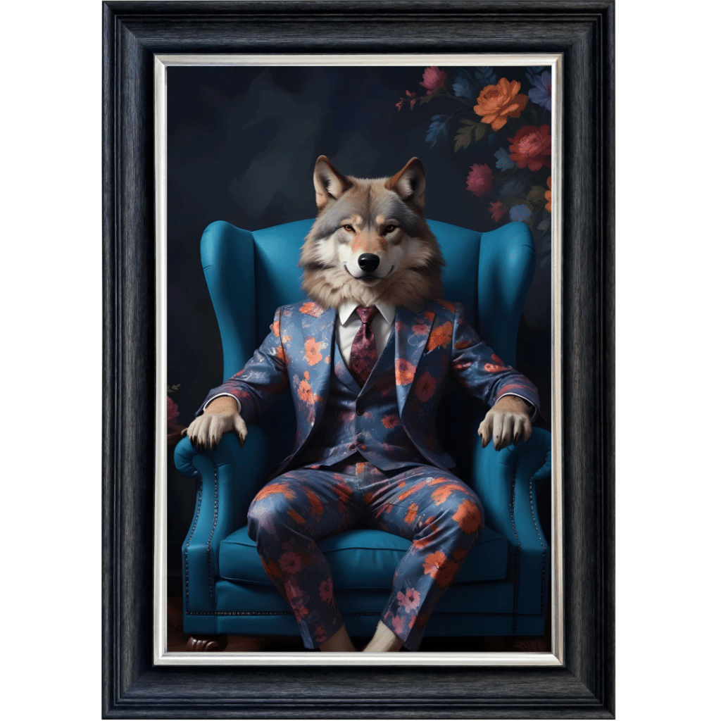 Wolf in floral suit - Framed Animal Wall Art