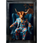 Highland Cow in Blue floral suit - Framed Animal Wall Art