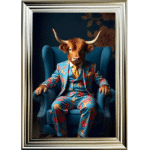 Highland Cow in Blue floral suit - Framed Animal Wall Art