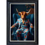 Highland Cow in Blue floral suit - Framed Animal Wall Art