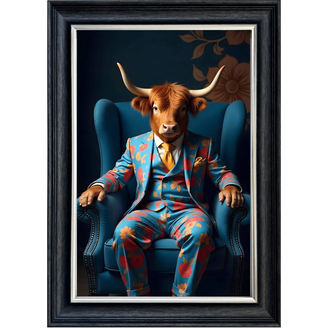 Untitled - 2025-01-17T115455.916 Highland Cow in Blue floral suit - Framed Animal Wall Art