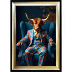 Highland Cow in Blue floral suit - Framed Animal Wall Art