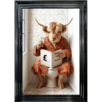 Highland Cow on the toilet - framed wall art