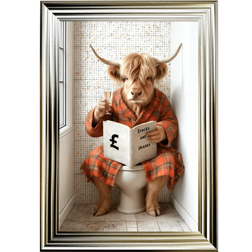 Highland Cow on the toilet - framed wall art
