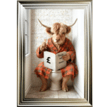 Highland Cow on the toilet - framed wall art