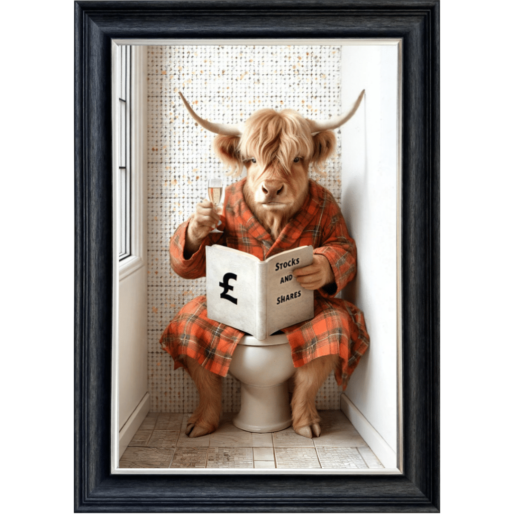 Highland Cow on the toilet - framed wall art