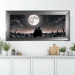 Romantic moon wall art with couple silhouette, luxury framed print for bedroom or living room decor UK