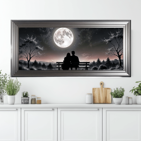 Romantic moon wall art with couple silhouette, luxury framed print for bedroom or living room decor UK