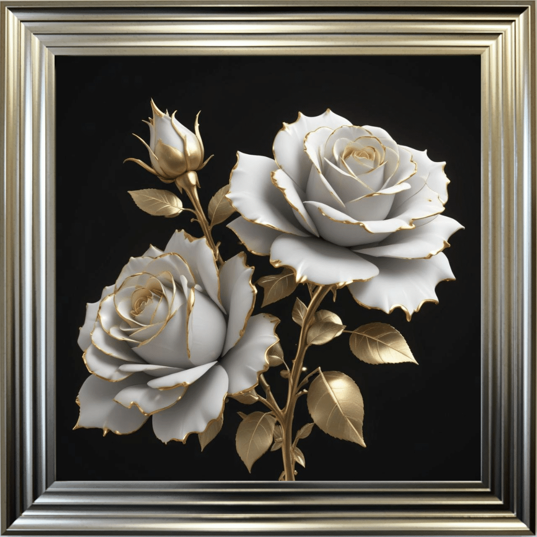 Untitled (28) White and Gold Roses - Framed Wall Art