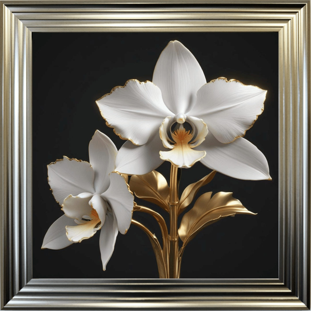 Untitled (34) White and Gold Orchid- Framed Wall Art