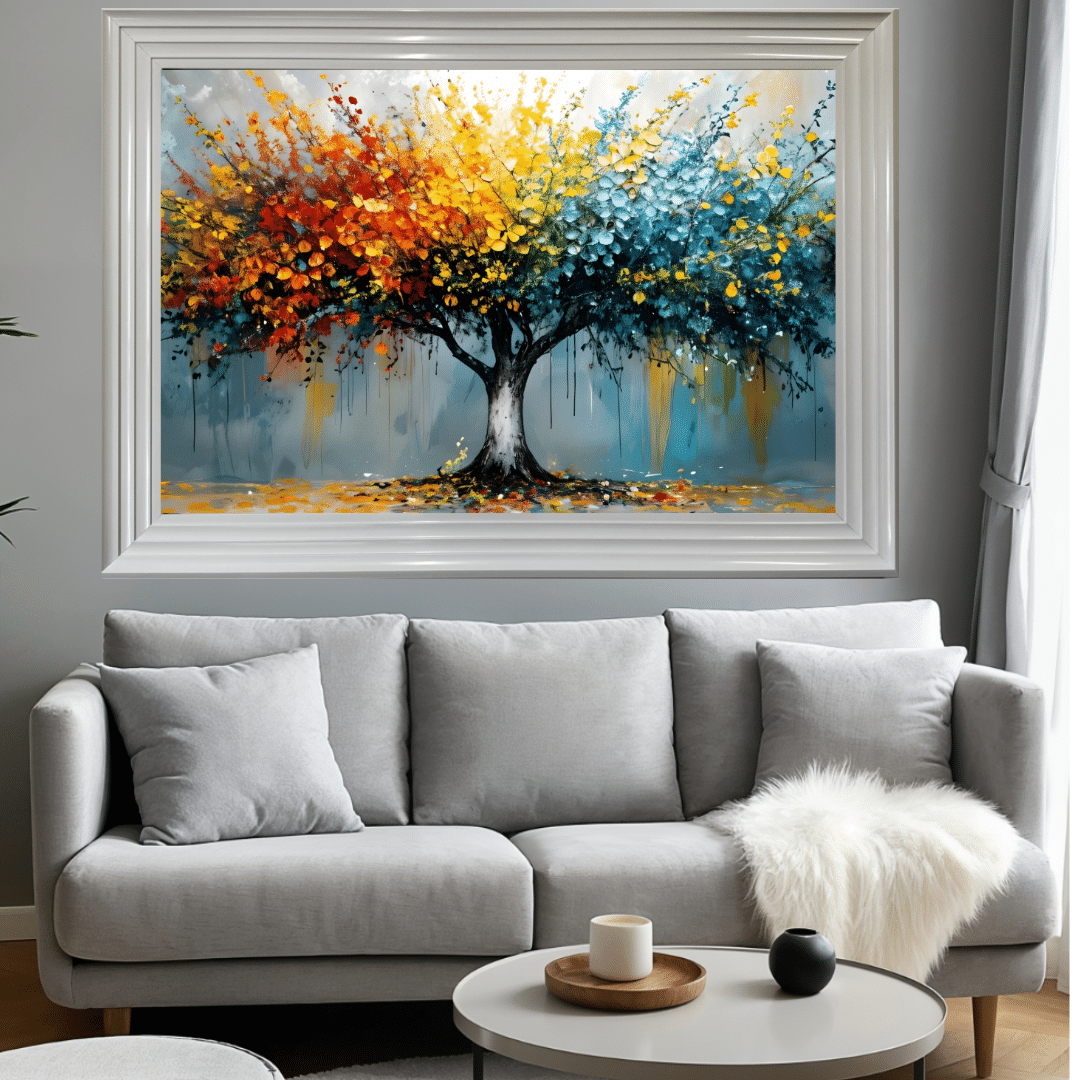 abstract-colorful-tree-wall-art-modern-living-room.jpg Abstract painting of a colorful tree with vibrant orange, yellow, and blue tones above a modern grey sofa in a stylish living room.