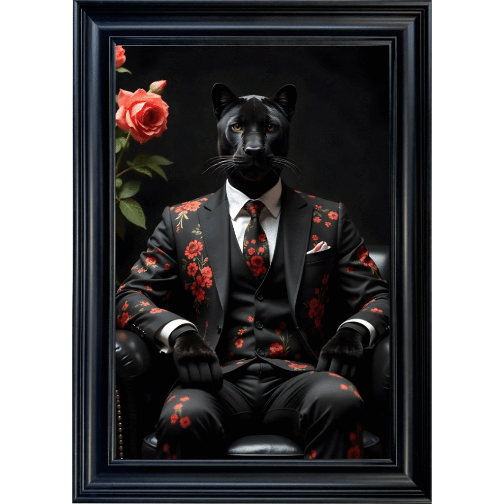 Black Panther in floral suit - Framed Animal Wall Art