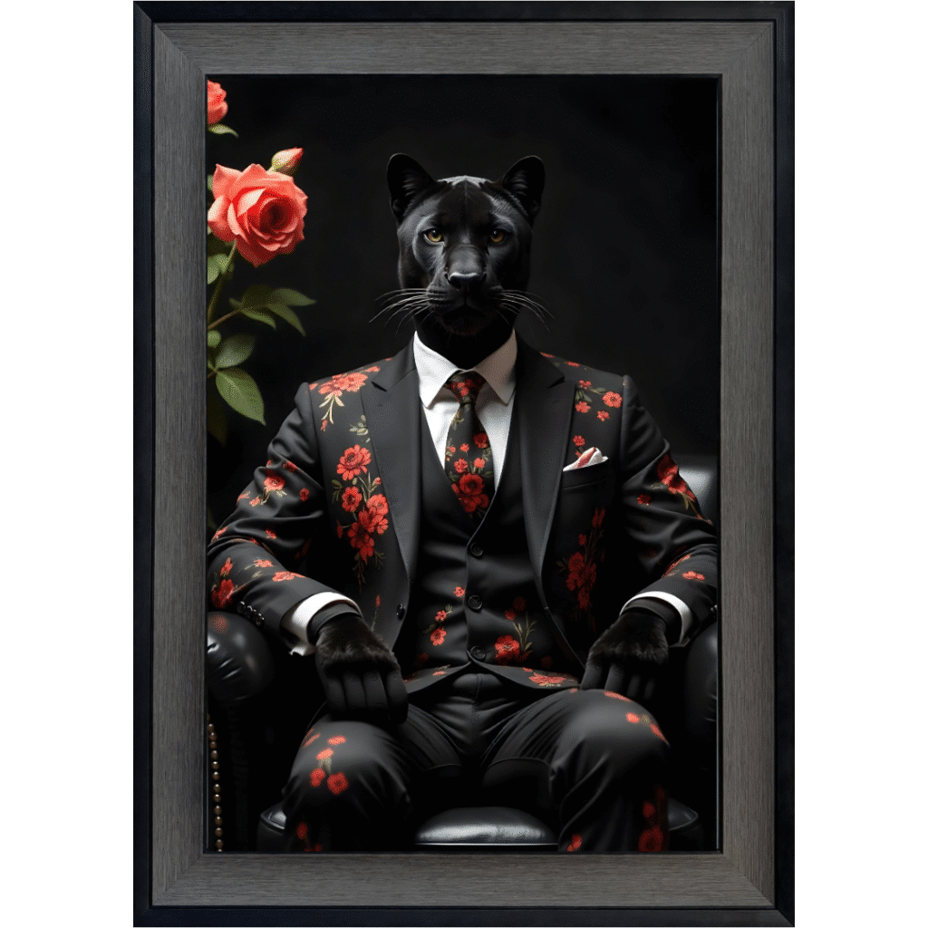 Black Panther in floral suit - Framed Animal Wall Art